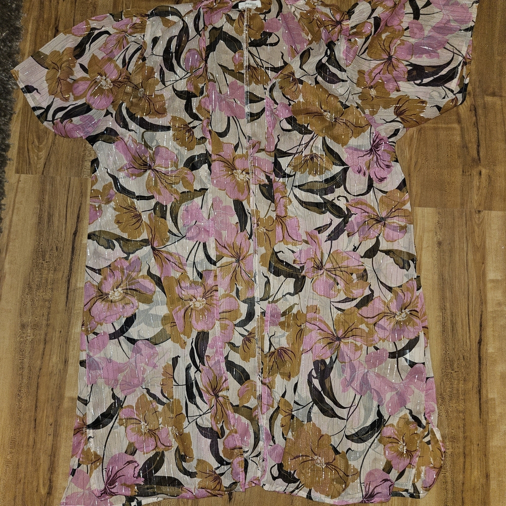 Floral Open-Front Tunic Top in Pink and Mustard